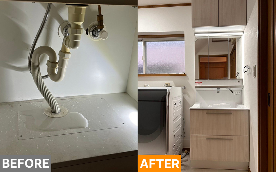 洗面台水漏れ：排水管からの水漏れで床材が腐敗